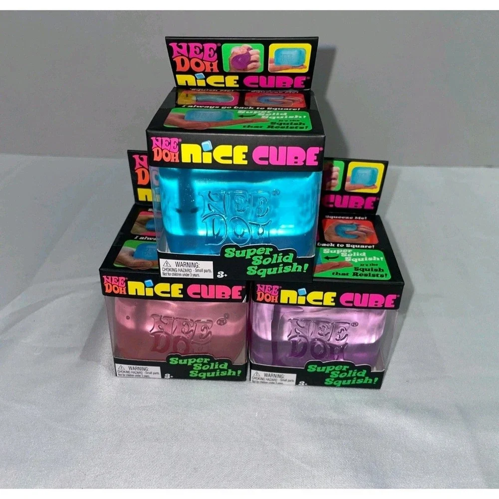 NeeDoh Nice Cube Set of 3 Schylling Solid Squish Fidget Toys Blue Pink Purple